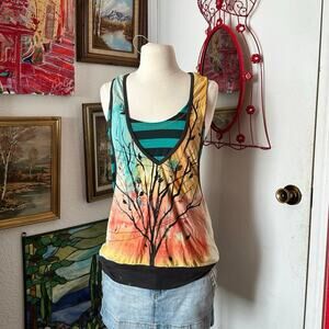 scrapbook ombre orange blue striped tree graphic tank top